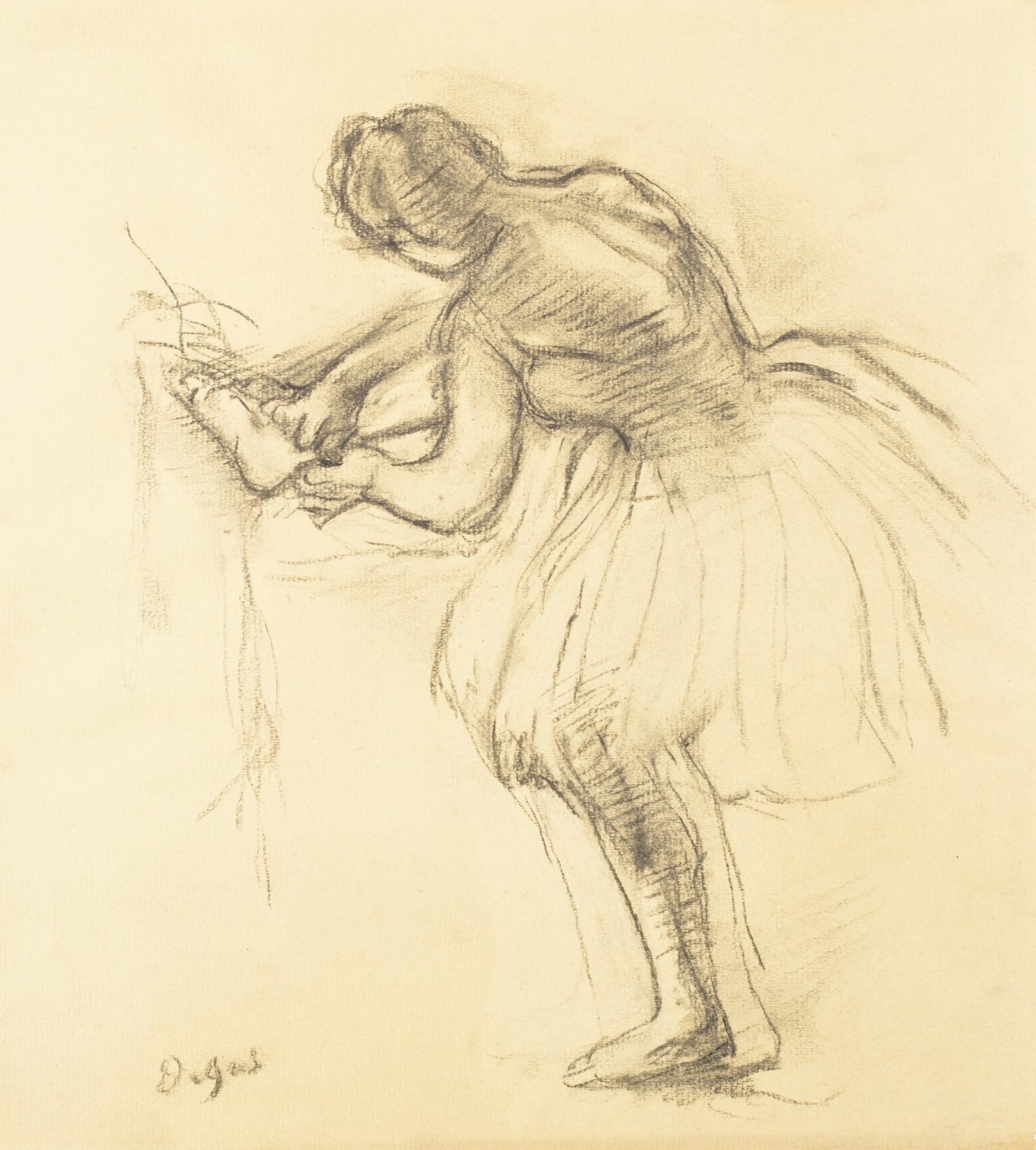 High-quality Giclée reproduction of Edgar Degas' charcoal sketch, showing a ballerina bending over to adjust her shoe or slipper, vintage Impressionist fine art from the 1880s.
