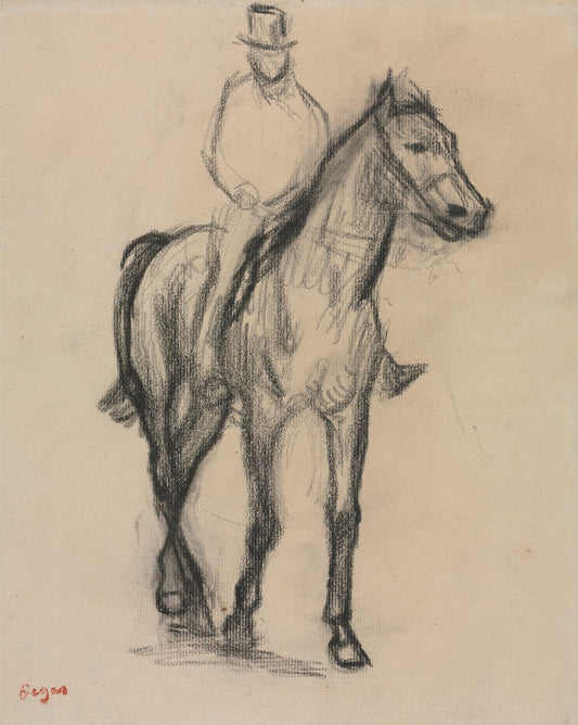 High-quality Giclée reproduction of Edgar Degas' charcoal sketch, showing a horse and rider in a top hat facing forward, vintage Impressionist equine art from the 1890s.