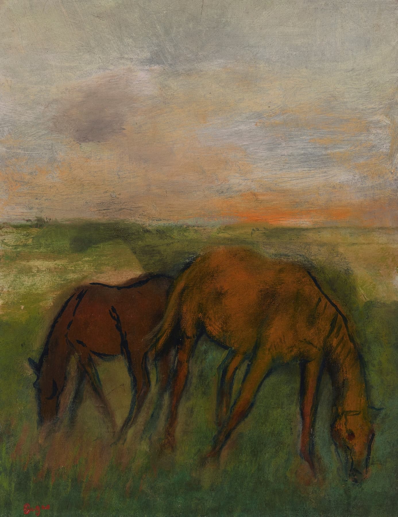High-quality Giclée reproduction of Edgar Degas' pastel, showing two brown horses grazing in a green pasture at sunset, vintage Impressionist fine art from the 1880s.