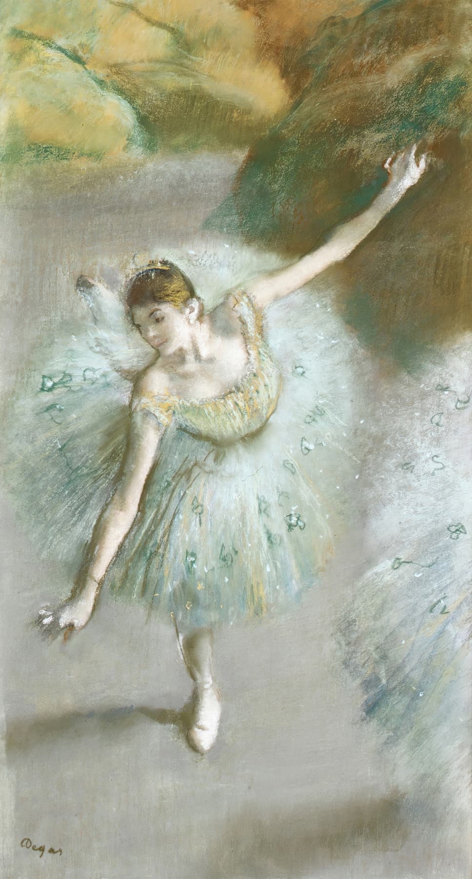 High-quality Giclée reproduction of Edgar Degas' pastel drawing, showing a ballerina in a light green tutu on stage with her arms extended, vintage Impressionist fine art from the 1880s.