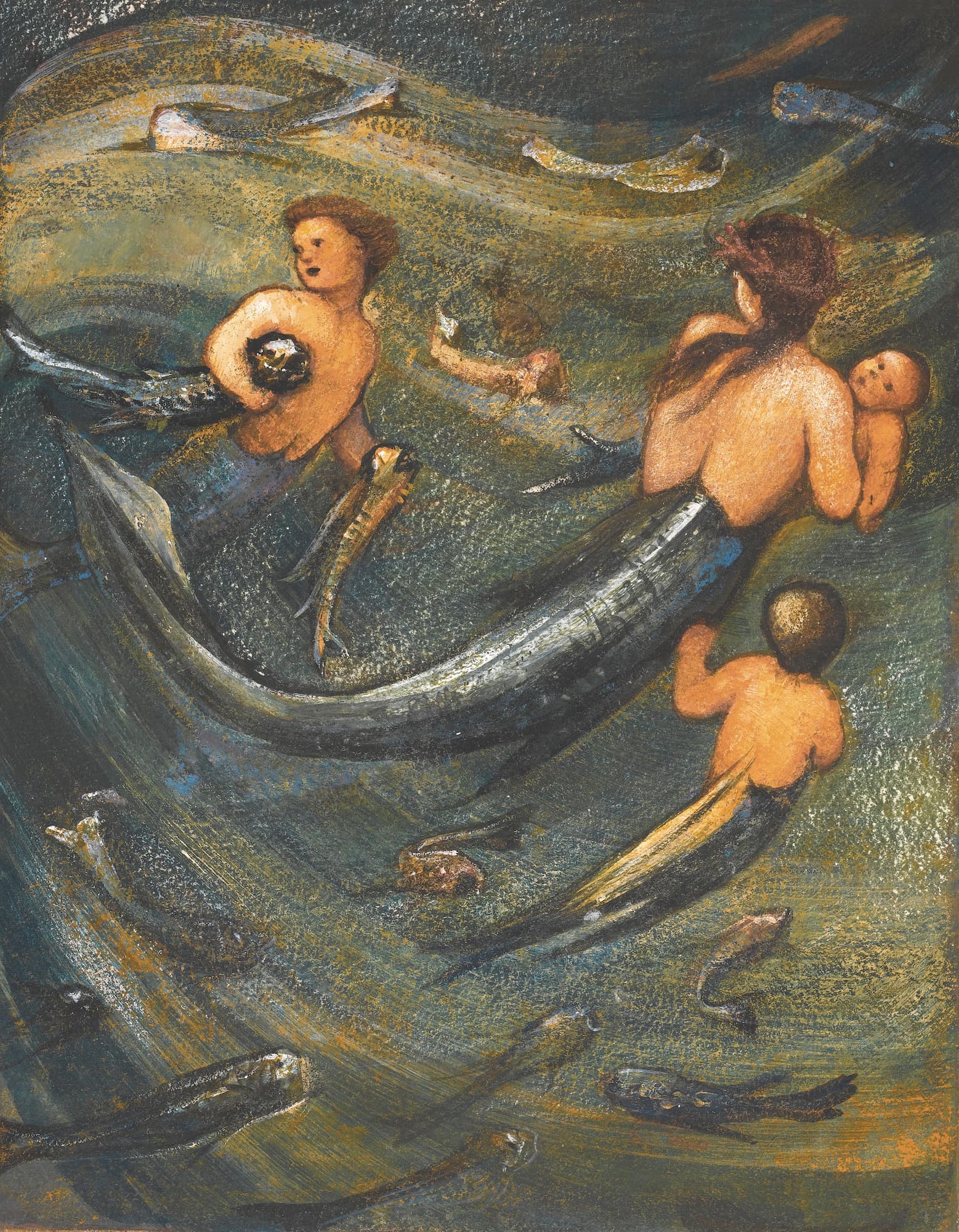 Artistic depiction of mermaids and fish in a fantasy scene