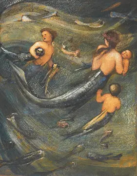 High quality Giclée reproduction of Edward Burne-Jones' 1885 Pre-Raphaelite painting "The Mermaid Family," showing merfolk and babies underwater with fish.