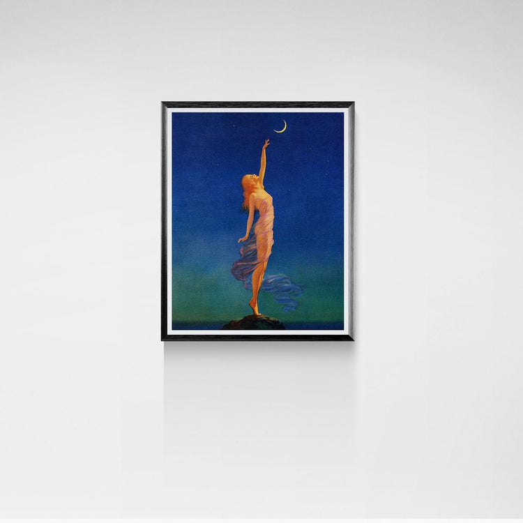 Framed artwork of a woman reaching for the moon against a blue sky.
