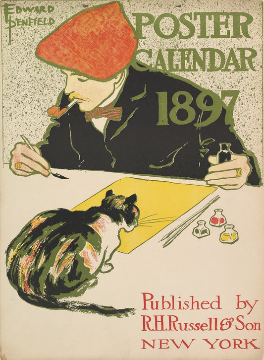 High quality Giclée reproduction of Edward Penfield's 1897 Poster Calendar cover, showing the artist with a calico cat, American Art Nouveau illustration.