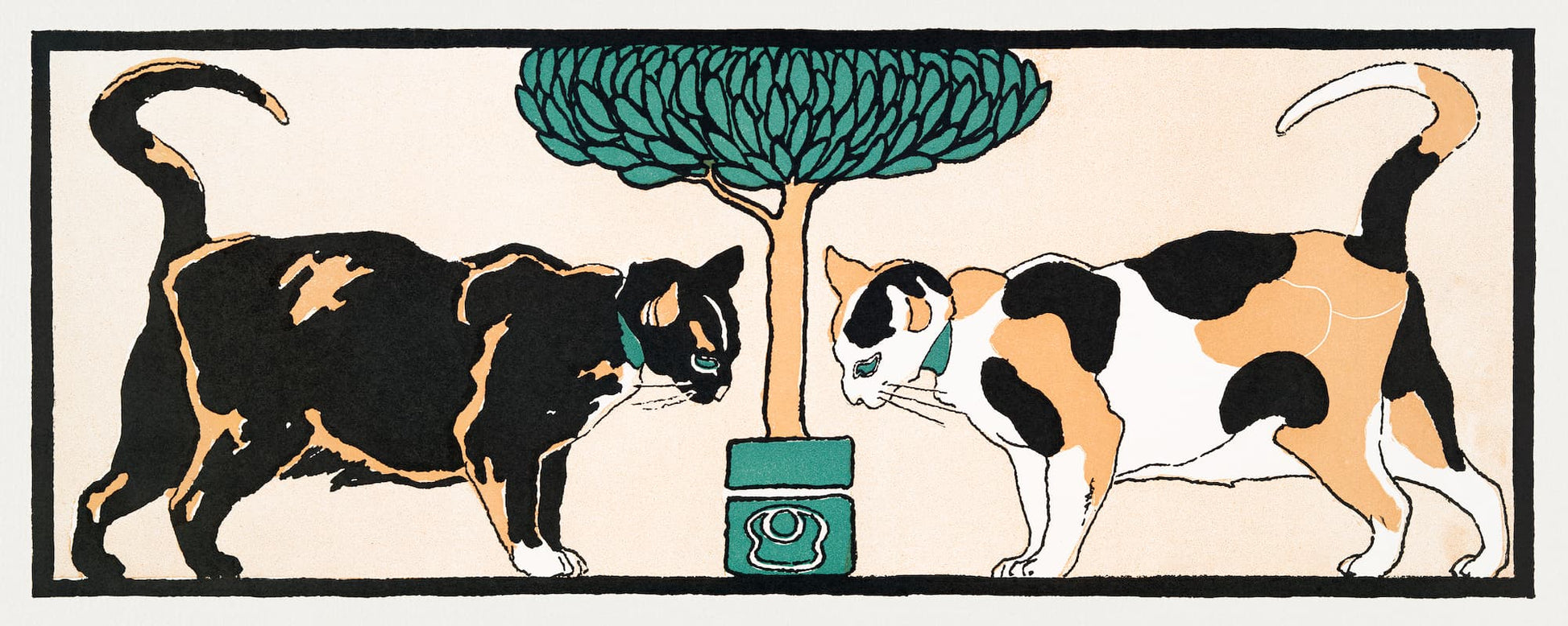 High-quality Giclée reproduction of Edward Penfield's Calico Cats print, featuring a black cat and a calico cat facing a small tree, 1890s American Art Nouveau illustration.