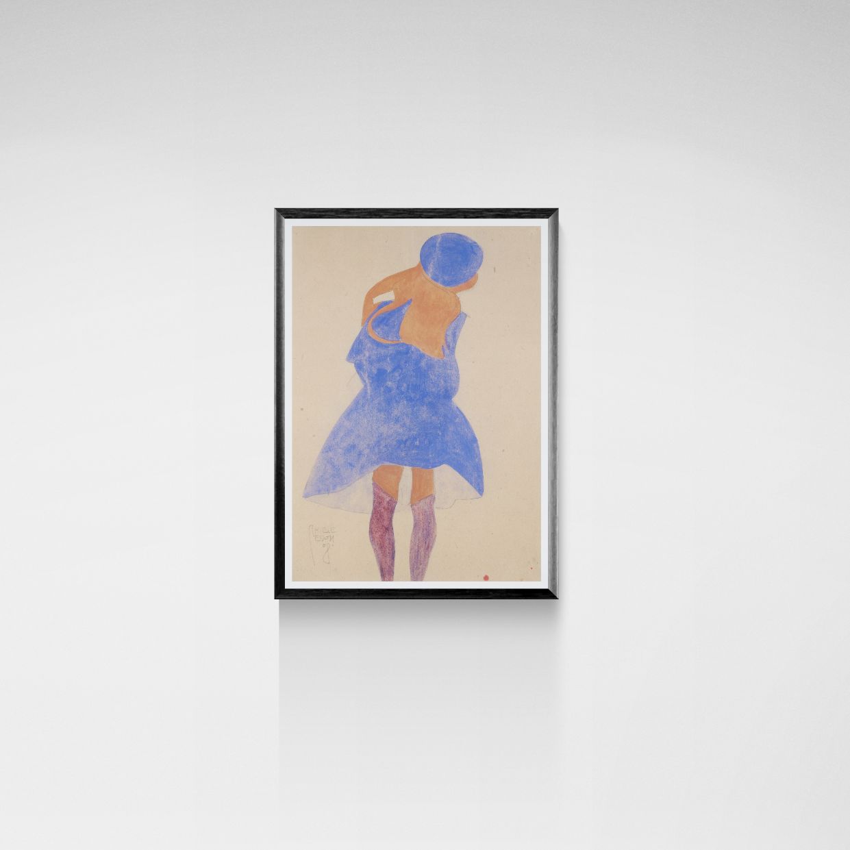 Framed artwork of a stylized figure in blue and purple on a beige background