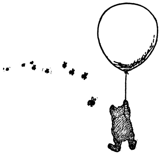 Illustration of a bear hanging from a balloon with bees on a white background