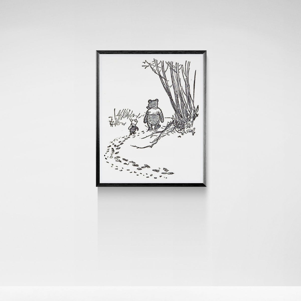 Framed black and white illustration of a bear and piglet walking together on a path.