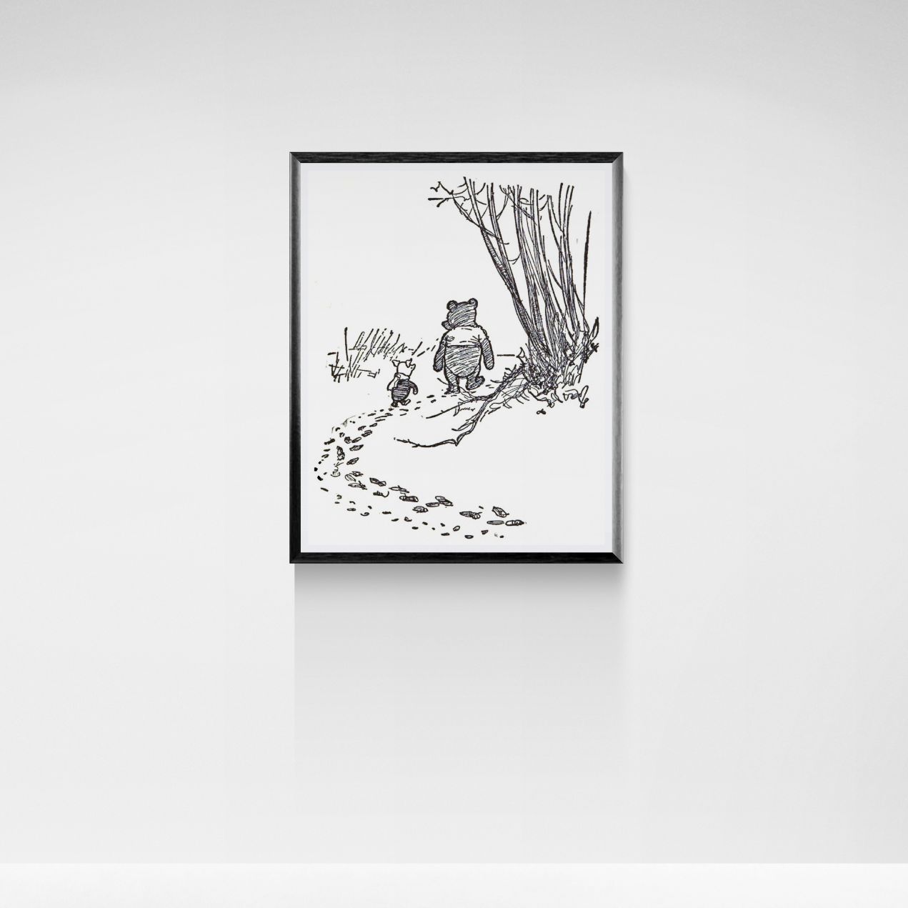 Framed black and white illustration of a bear and piglet walking together on a path.