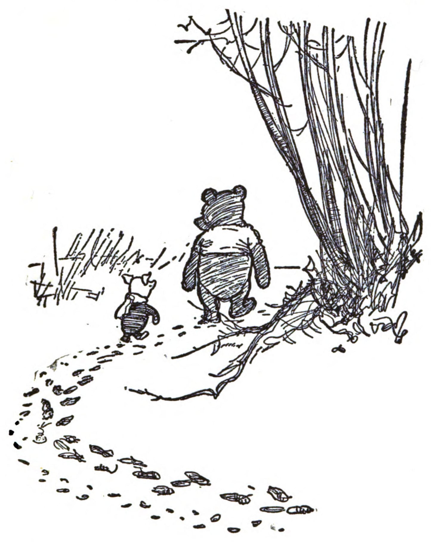 Winnie the Pooh print Illustration of Pooh and Piglet walking along a snowy path.