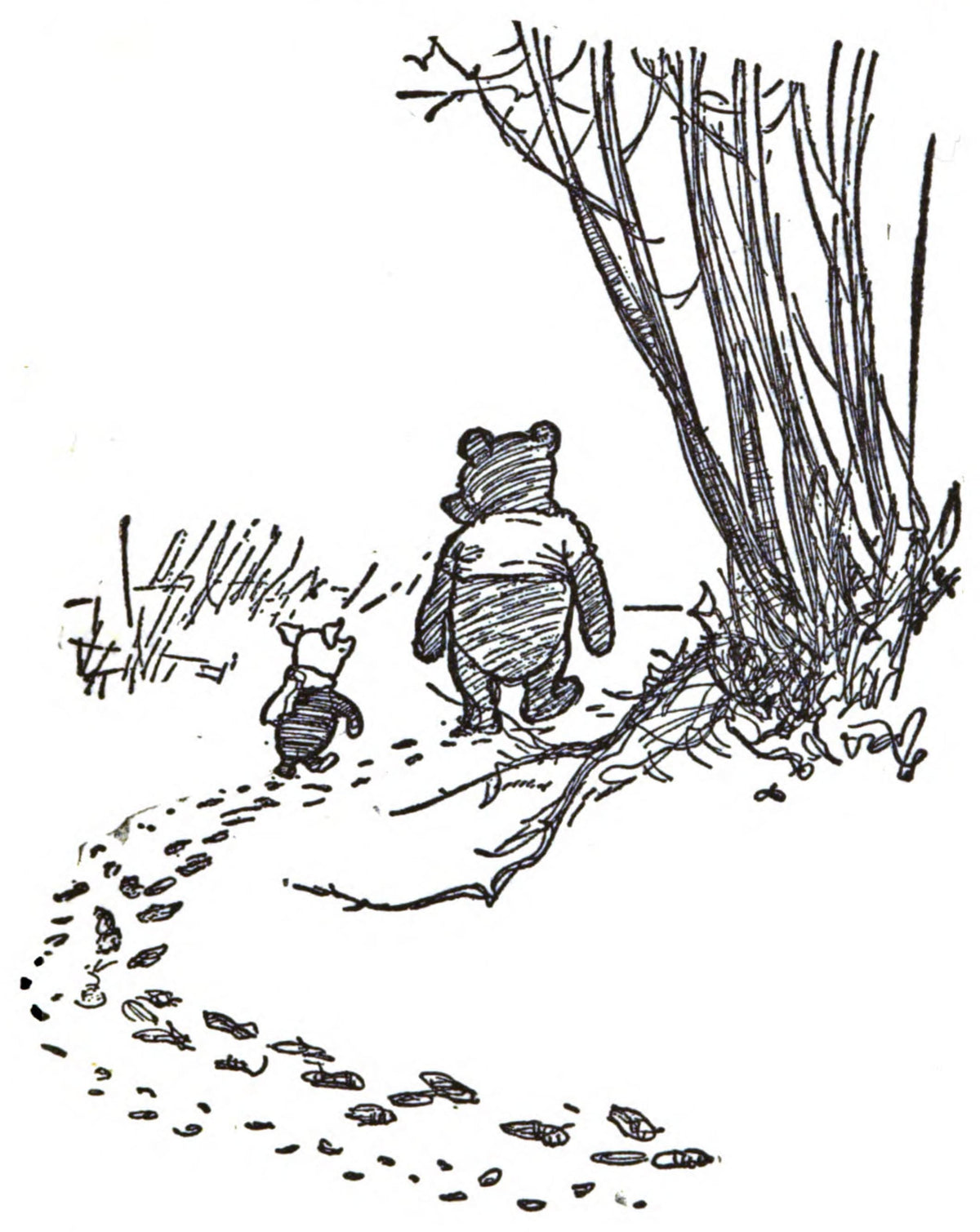 Winnie the Pooh print Illustration of Pooh and Piglet walking along a snowy path.