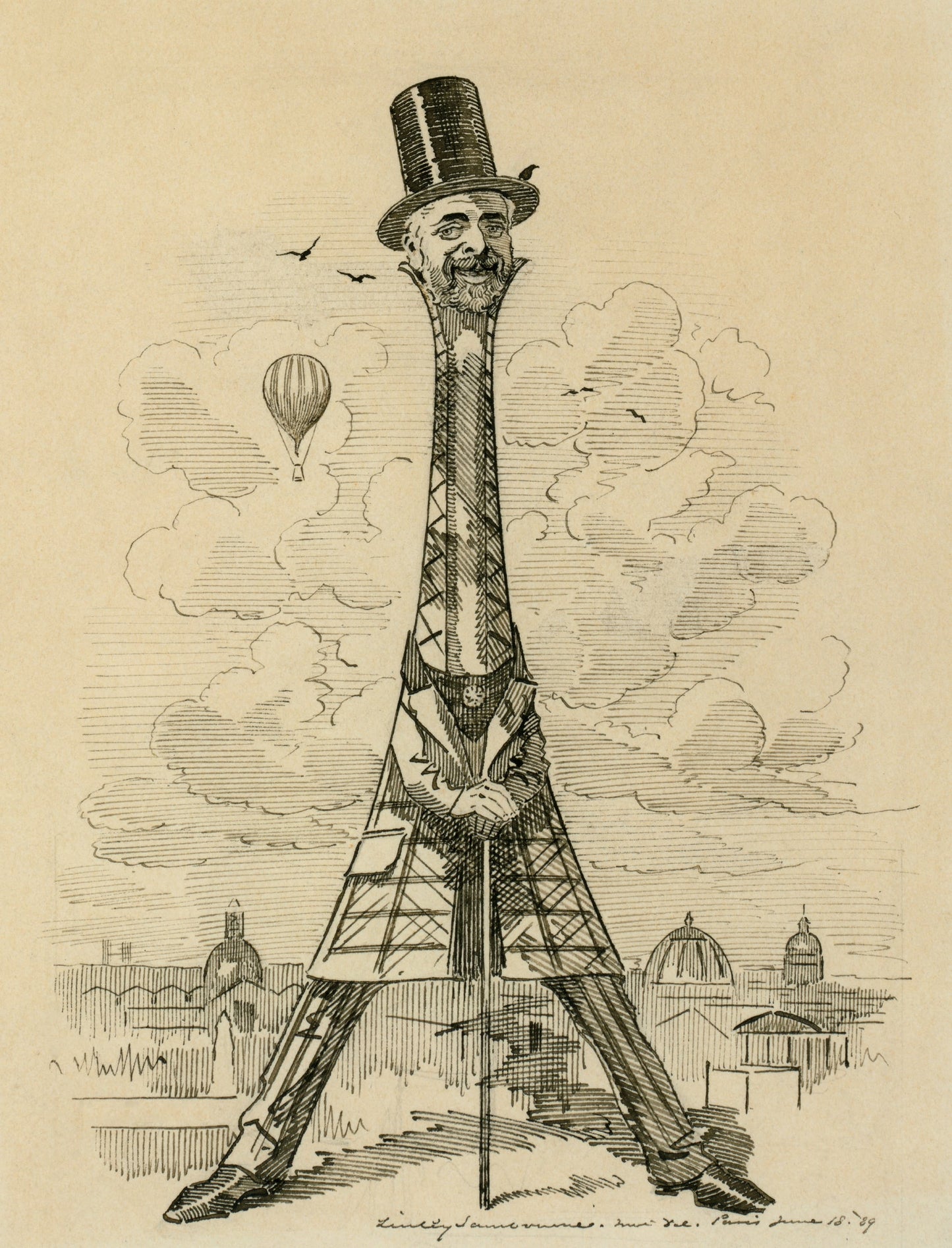 Cartoon of a man with a long neck resembling the Eiffel Tower, with hot air balloons in the background.