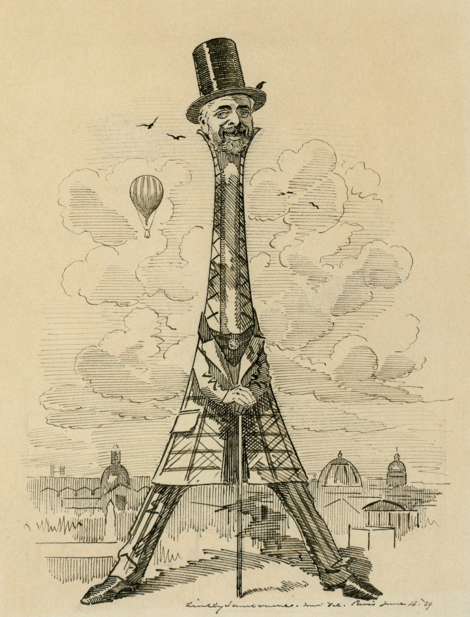 Cartoon of a man with a long neck resembling the Eiffel Tower, with hot air balloons in the background.