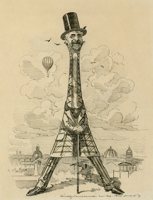 Cartoon of a man with a long neck resembling the Eiffel Tower, with hot air balloons in the background.