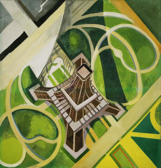 Artistic depiction of the Eiffel Tower with abstract green and brown patterns