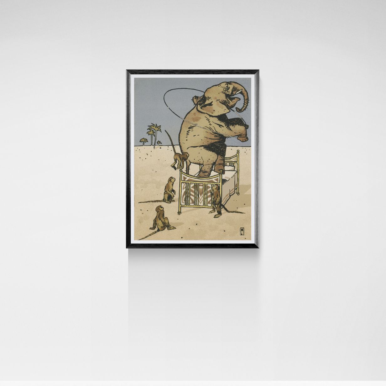 Framed artwork of an elephant on a chair with monkeys in a desert setting.