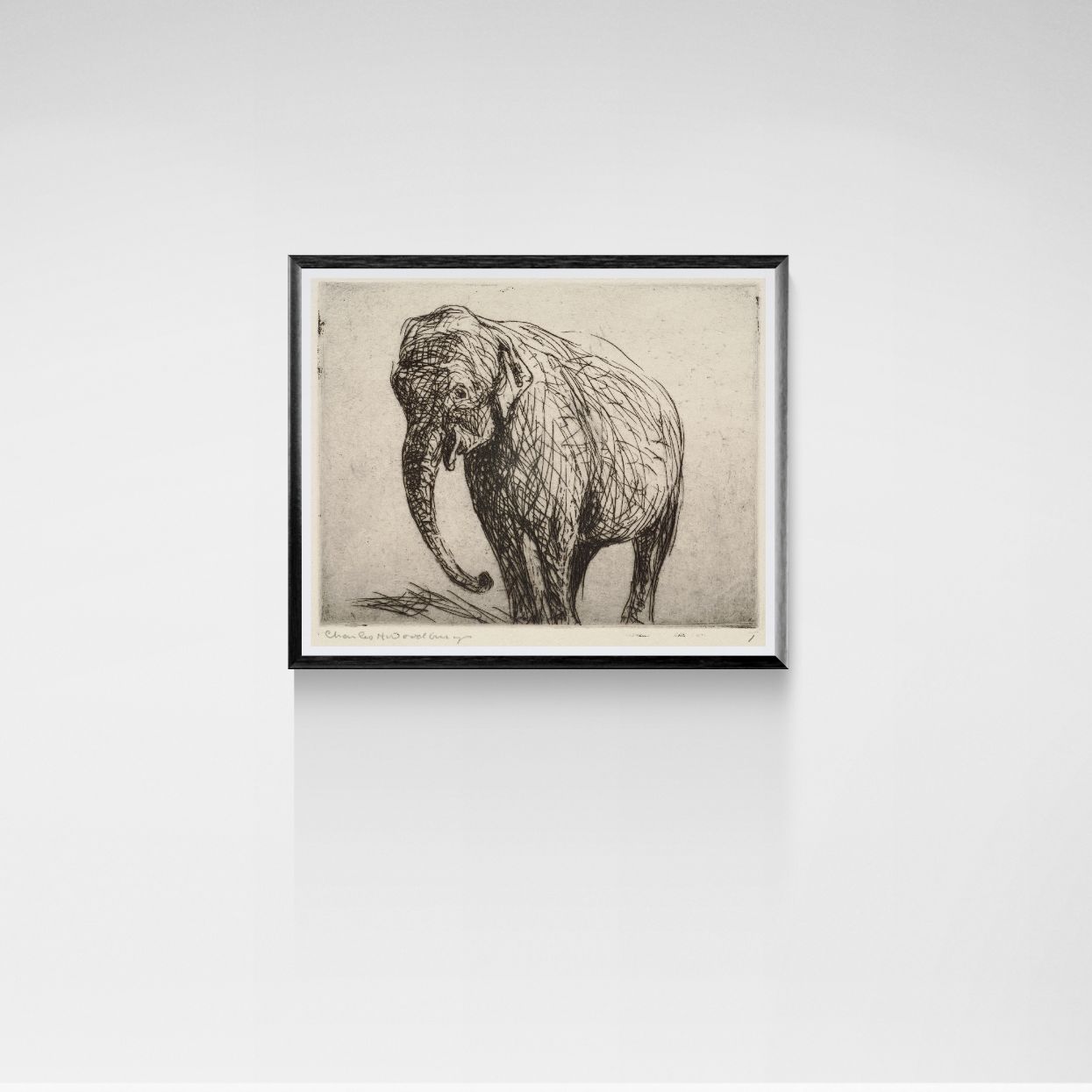 Framed artwork of an elephant on a white wall