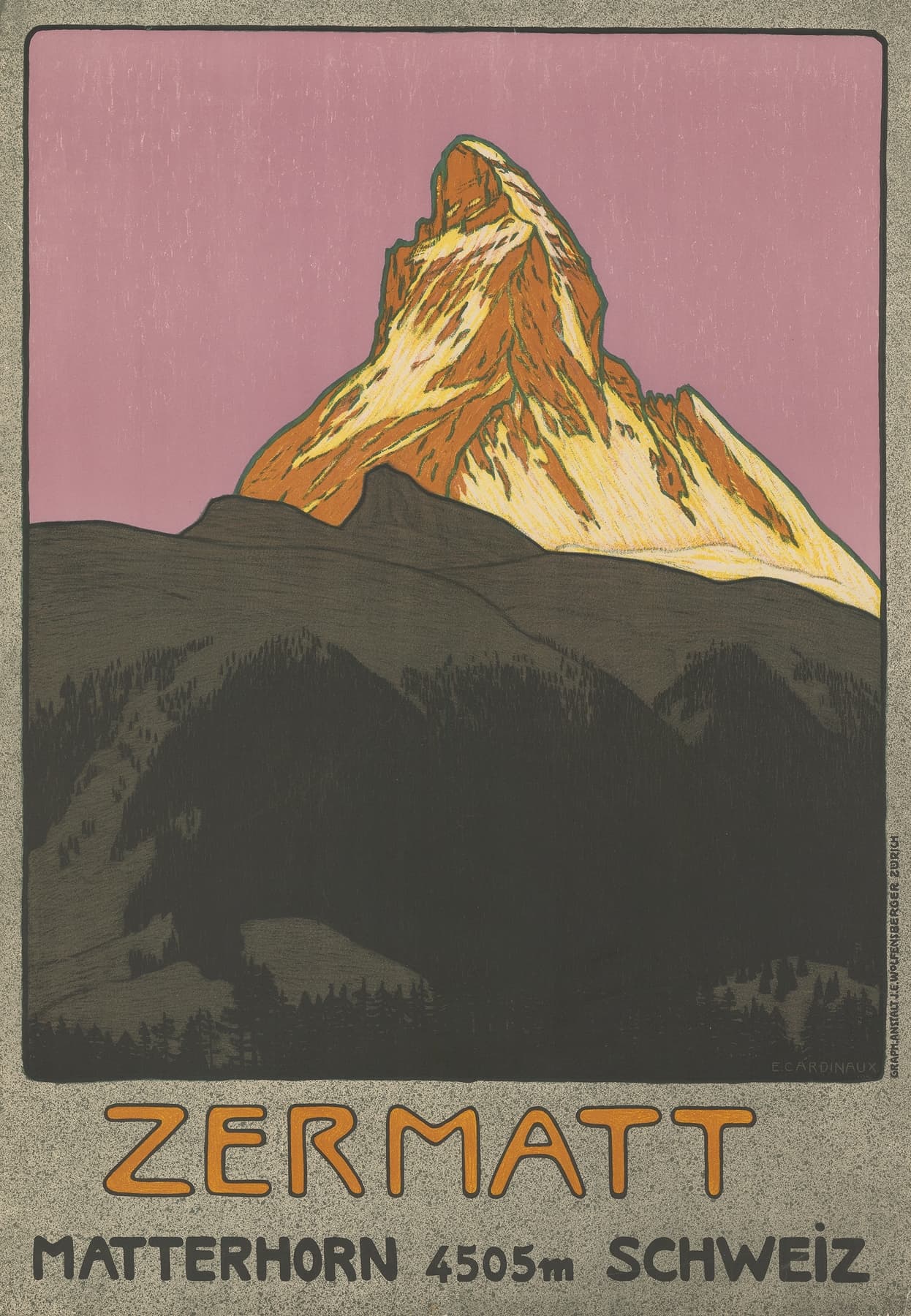High-quality Giclée reproduction of Emil Cardinaux's Zermatt Matterhorn poster, showing the mountain peak against a pink sky with dark foreground, vintage Swiss Modernist travel art.