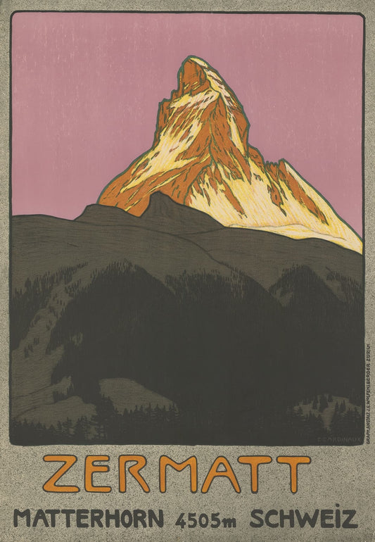 High-quality Giclée reproduction of Emil Cardinaux's Zermatt Matterhorn poster, showing the mountain peak against a pink sky with dark foreground, vintage Swiss Modernist travel art.