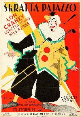 High-quality Giclée reproduction of Eric Rohmann's movie poster showing a large, colorful clown figure (Skratta Pajazzo / Lon Chaney) with a trumpet on a red and white background, vintage 1920s Art Deco print.