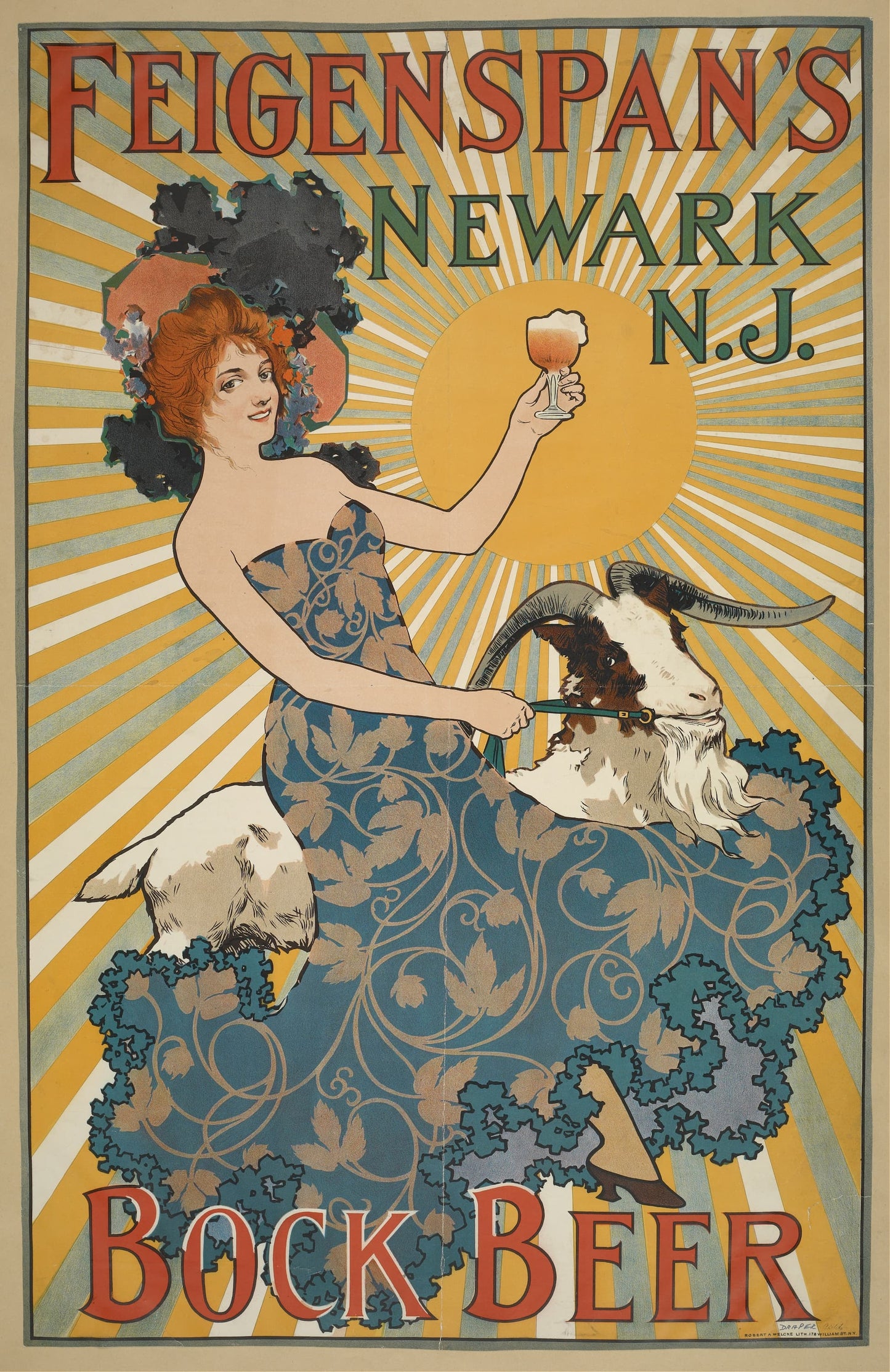 Vintage-style advertisement for Feigenspan's Newark N.J. Bock Beer featuring a woman with red hair and two dogs.