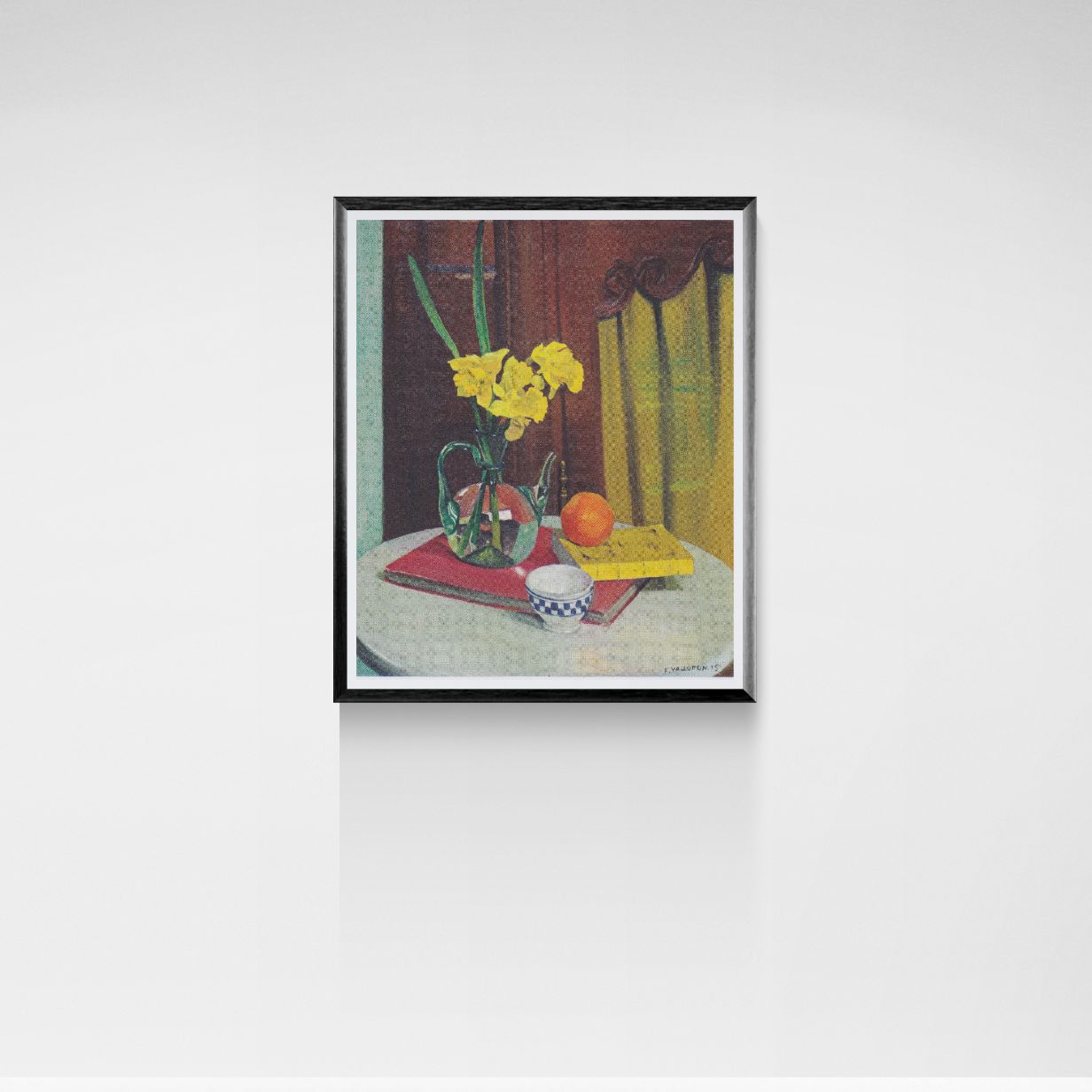 Framed artwork of a still life scene with flowers and books on a white wall.