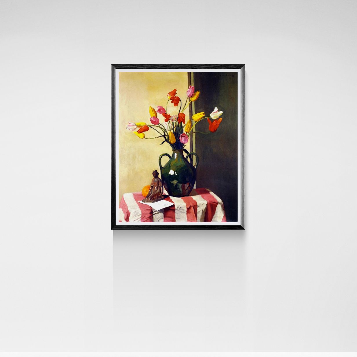 Framed artwork of a still life with flowers and a figure on a tablecloth.