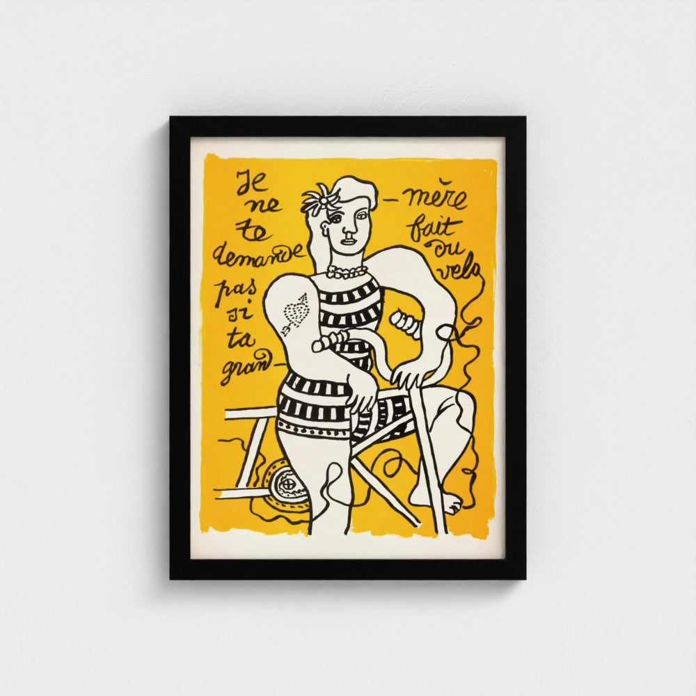 Framed artwork with a stylized illustration of a woman on a yellow background, featuring text.