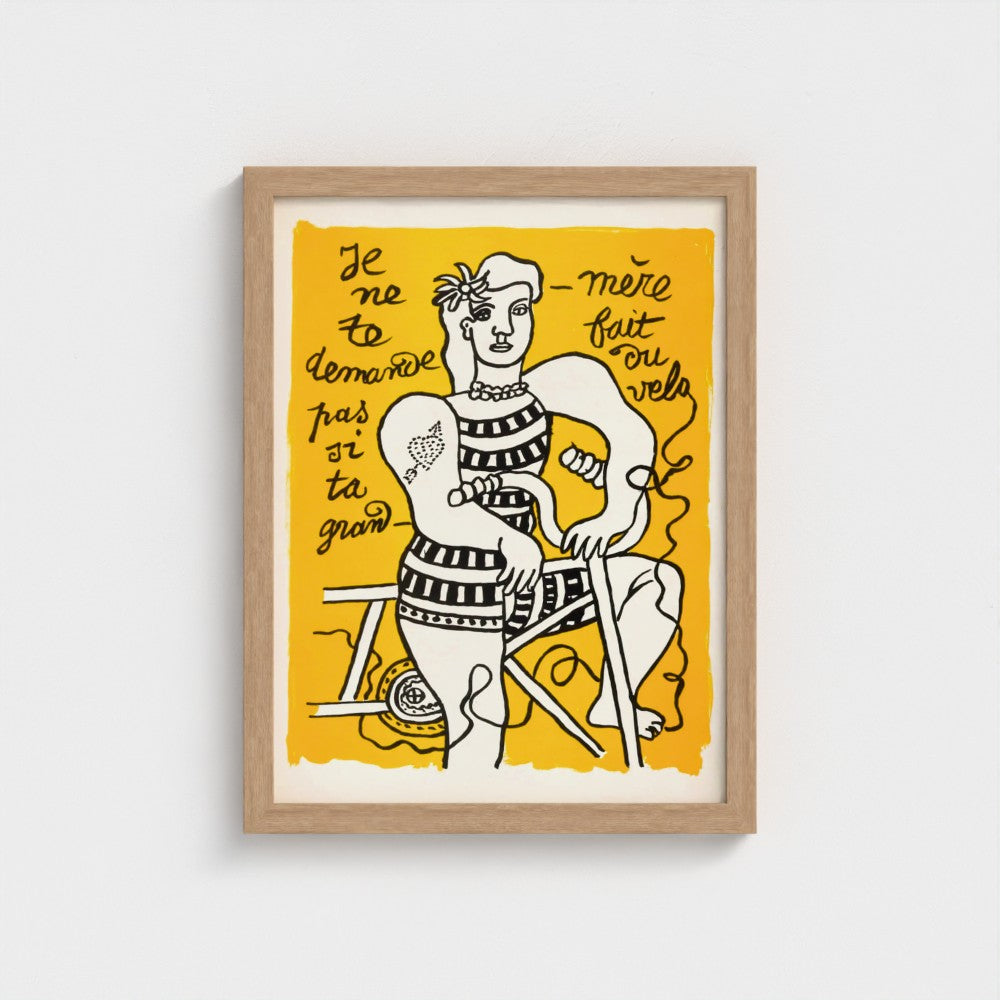 Framed artwork with a stylized illustration of a woman on a yellow background, featuring text.