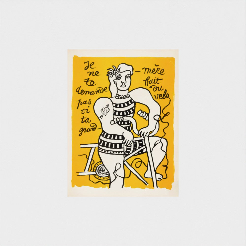 Illustration of a woman sitting on a bike with text on a yellow background