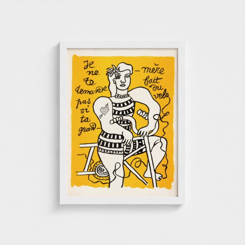 Framed artwork with a stylized illustration of a woman on a yellow background