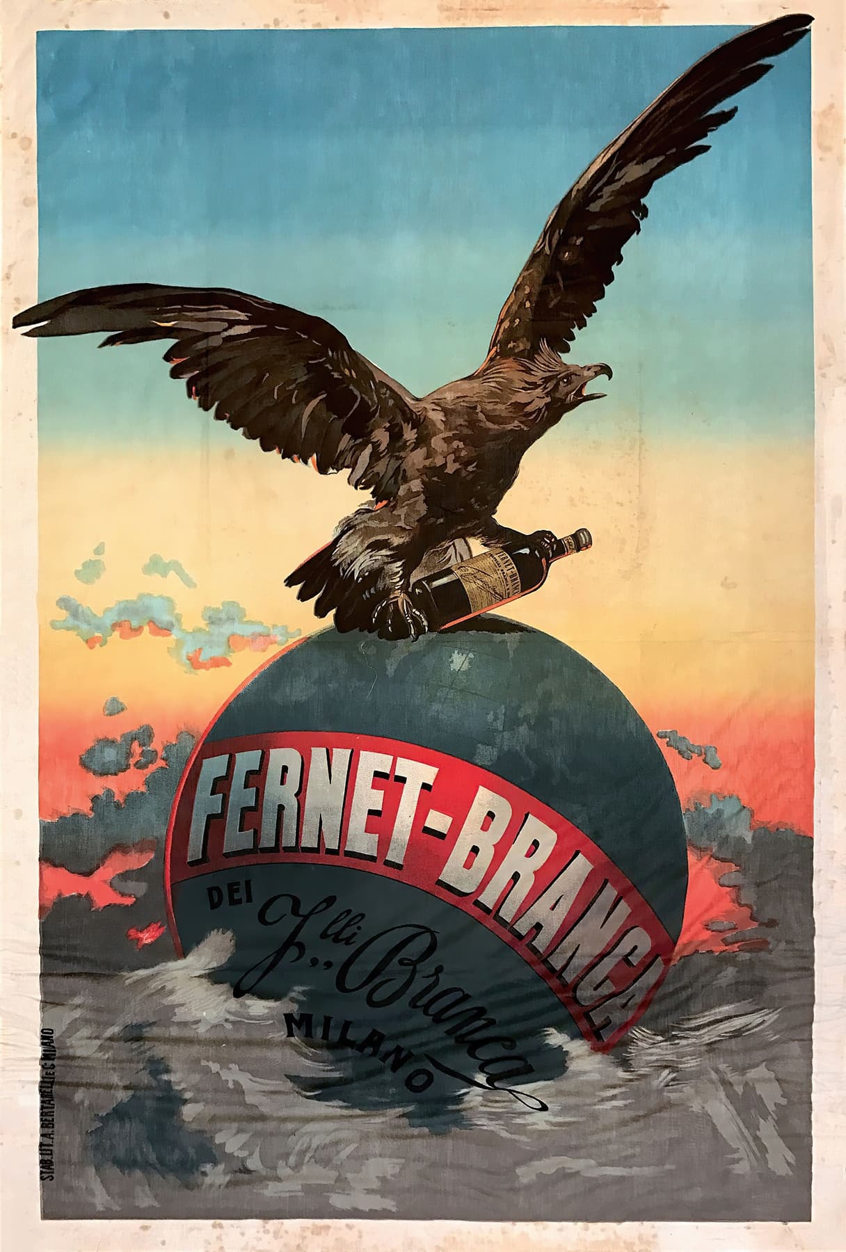 High-quality Giclée reproduction of the vintage Fernet-Branca poster, featuring a large eagle holding a bottle, resting on a globe with the product name, over stormy seas, 1900s advertisement.