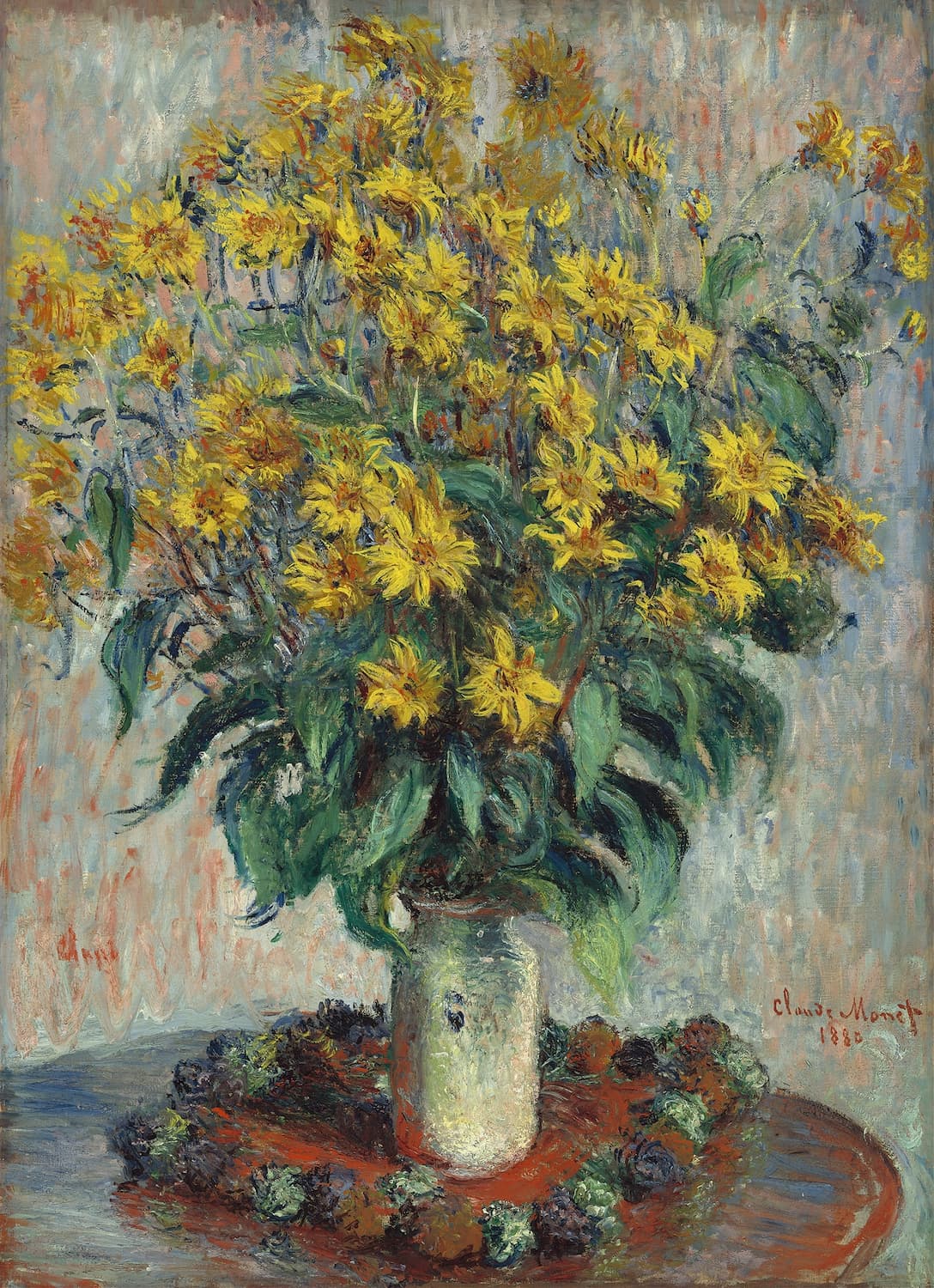 Painting of a vase with yellow flowers on a textured surface with artichokes by Claude Monet.