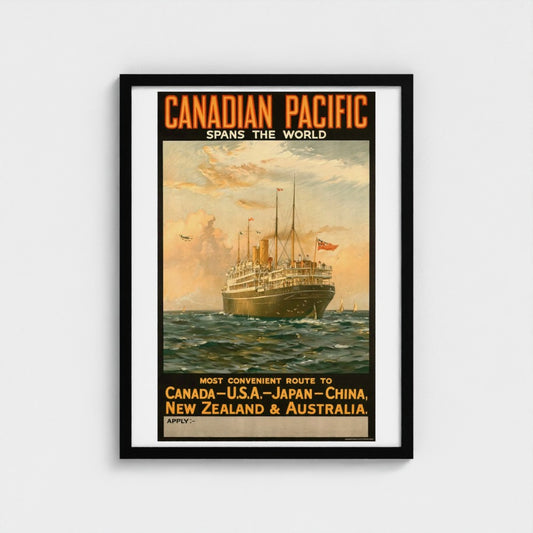 Vintage-style advertisement poster for Canadian Pacific featuring a ship on the ocean.