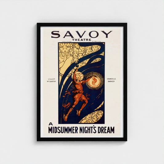 Framed poster for Savoy Theatre's 'A Midsummer Night's Dream' with artistic design elements.