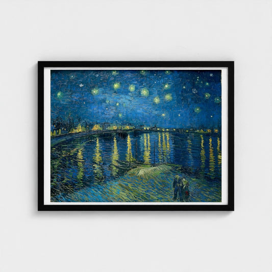 Framed artwork of 'Starry Night' by Vincent van Gogh on a white wall