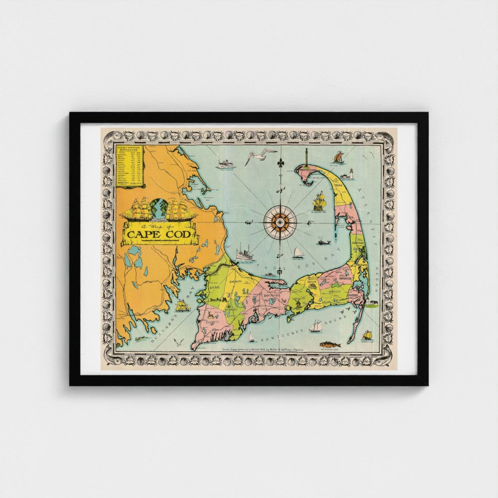 Framed vintage map of Cape Cod on a white background