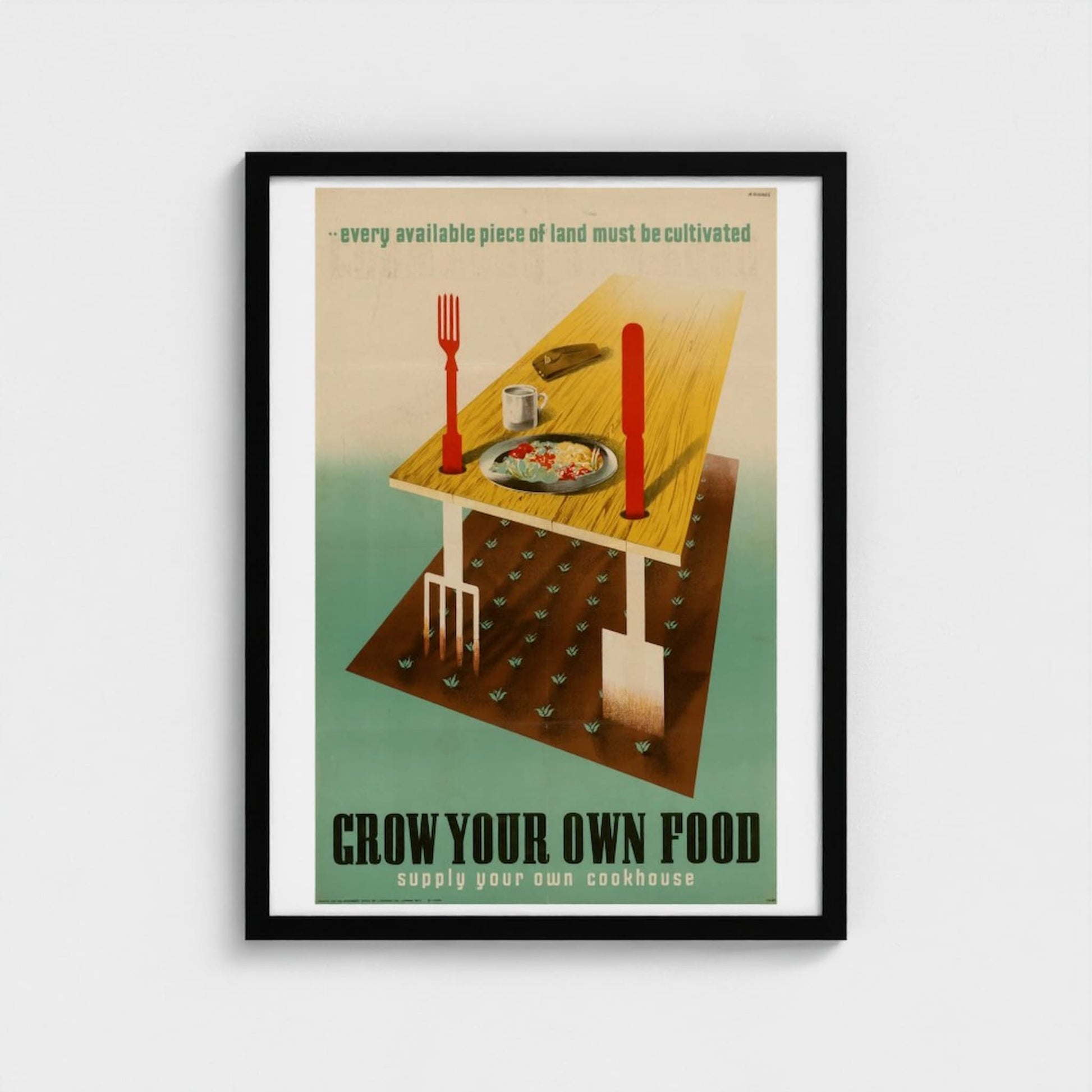Framed poster with a stylized illustration of a table with food and gardening elements, with text on a light gray background.