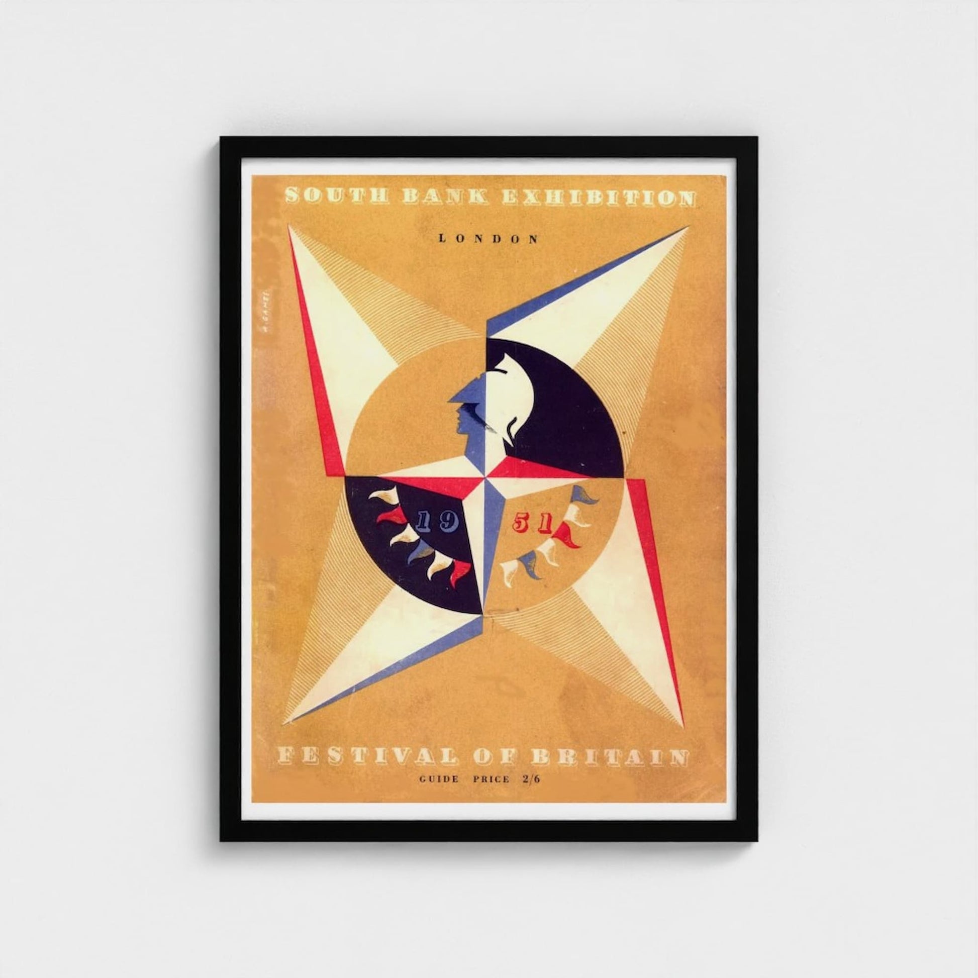 Framed Abram Games poster for the South Bank Exhibition Festival of Britain on a beige background