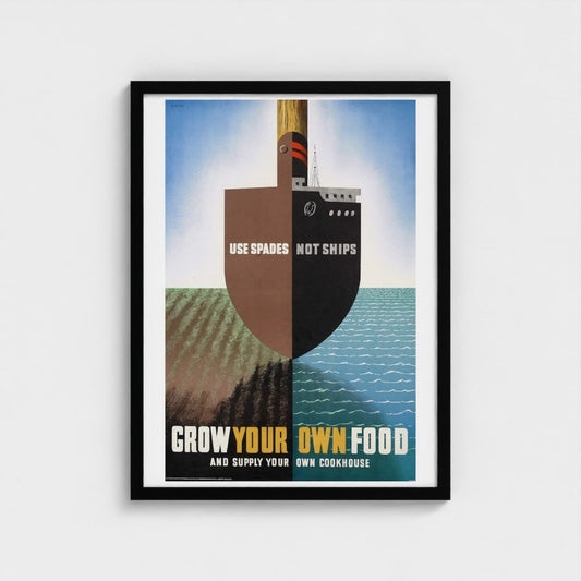 Framed poster with a ship design and text about growing your own food.