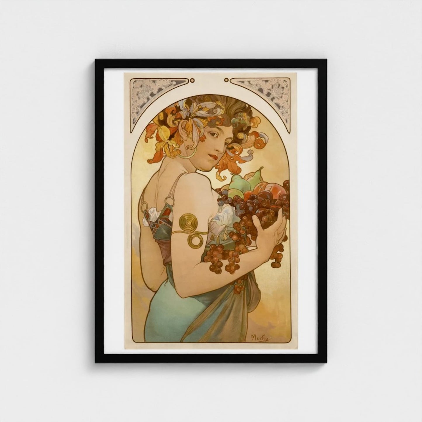 Framed Art Nouveau-style painting of a woman holding grapes on a white background