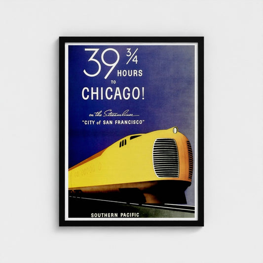 Vintage-style poster advertising a train journey to Chicago with a yellow train on a blue background.