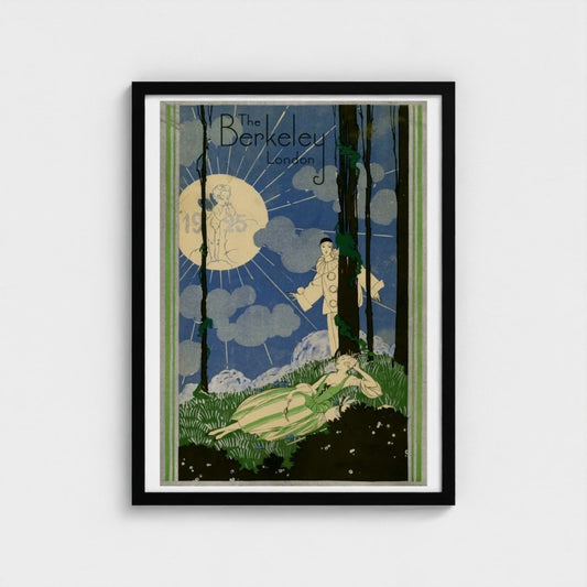 Framed artwork of a man and woman in a forest with 'The Berkeley London' text.