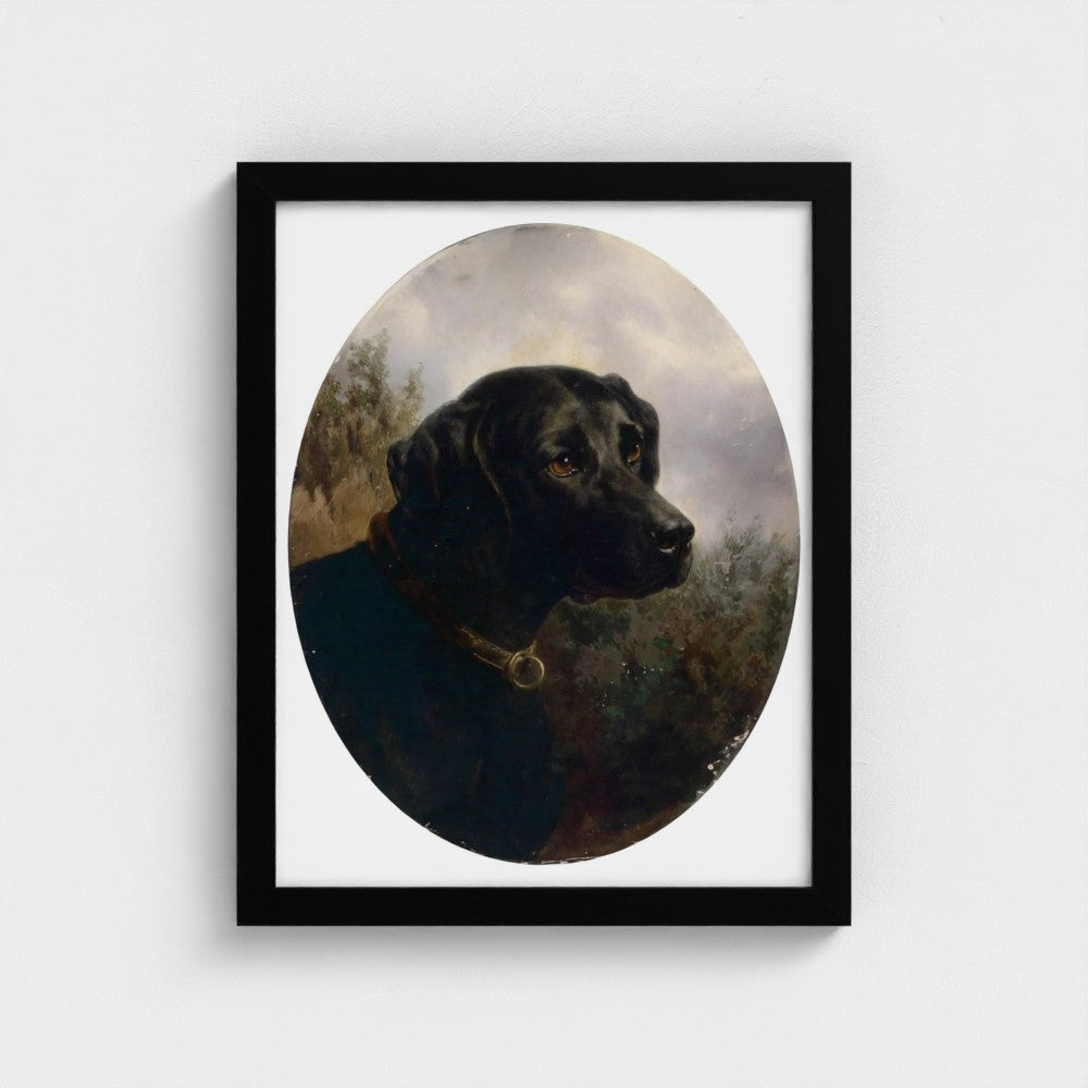 Framed artwork of a black dog with a scenic background