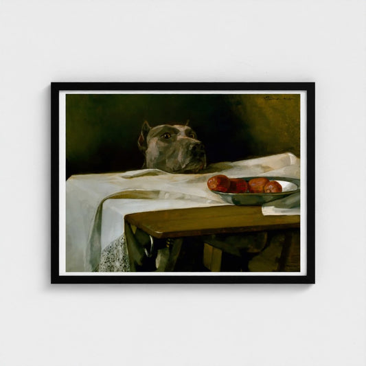 Framed artwork of a dog looking at a bowl of apples on a table.