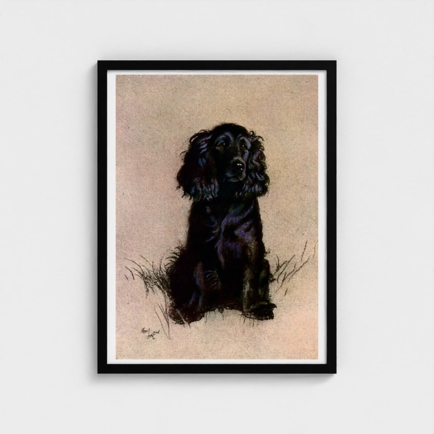 Framed artwork of a black dog on beige paper