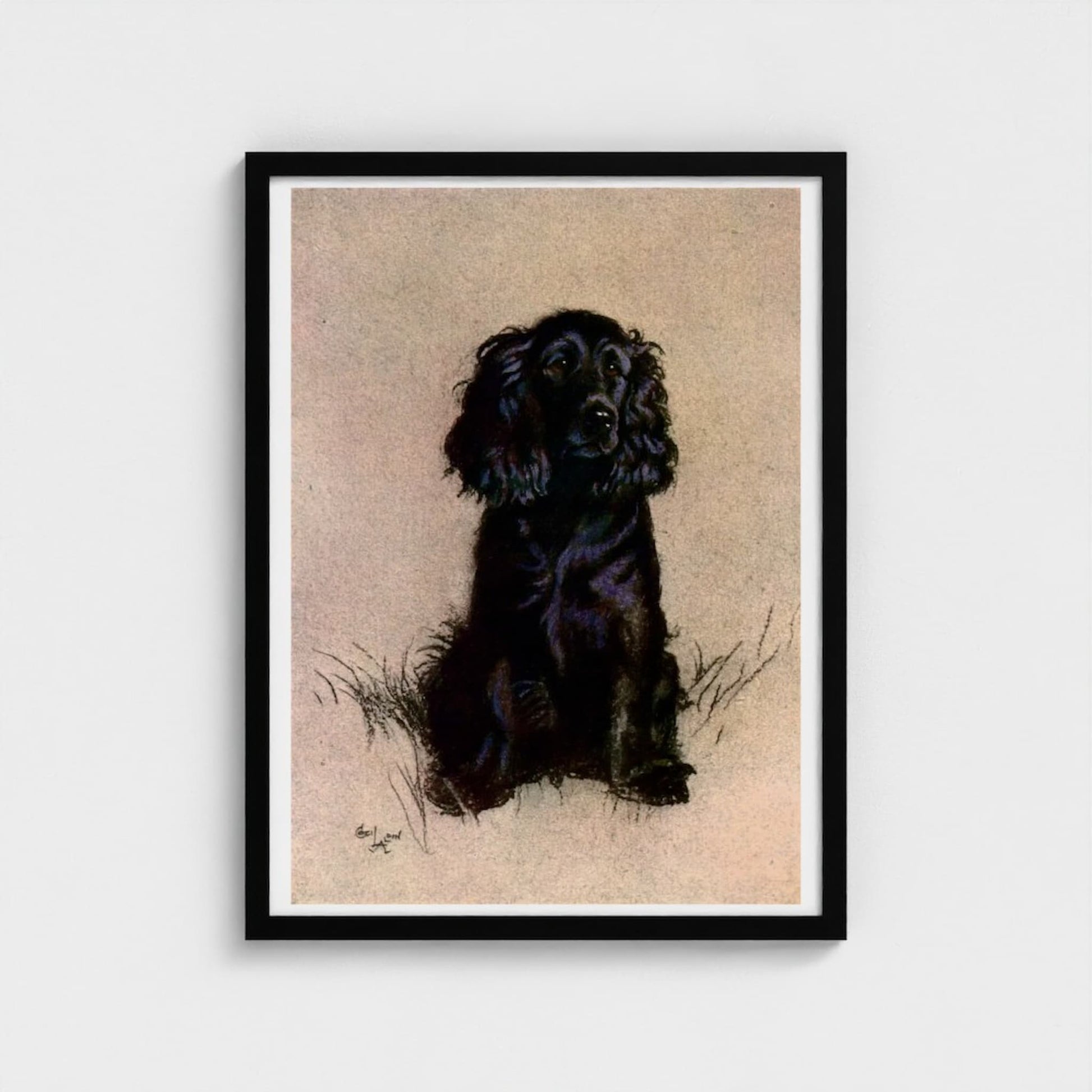 Framed artwork of a black dog on beige paper