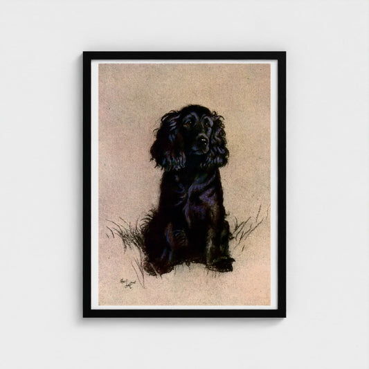 Framed artwork of a black dog on beige paper
