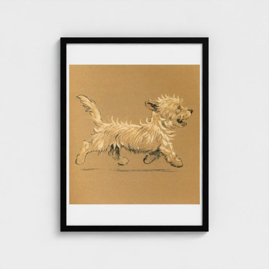 Framed illustration of a dog on brown paper with a black frame.