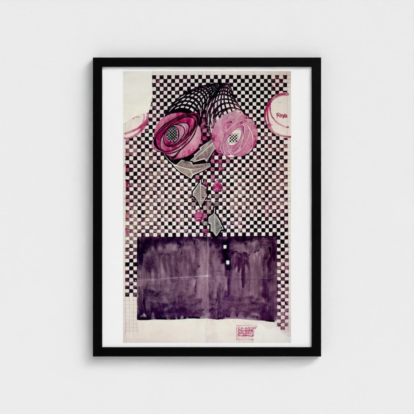 Framed artwork with pink flowers and checkered pattern on a light gray background